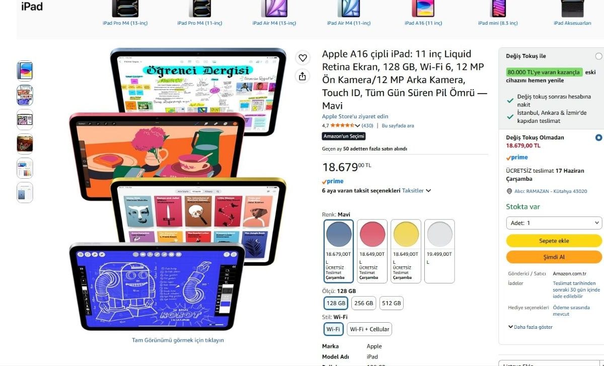 Apple A16 çipli iPad: 11 inç Liquid Retina Ekran, 128 GB, Wi-Fi 6, 12 MP Ön Kamera/12 MP Arka Kamera, Touch ID, Tüm Gün Süren Pil Ömrü — Mavi