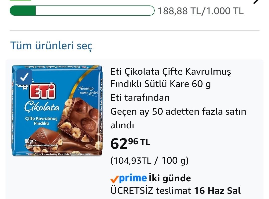 Eti Çikolata Çifte Kavrulmuş Fındıklı Sütlü Kare 60gr – 62,96₺ / 3 adet alımda adedi 46₺’ye geliyor — %69 İndirim