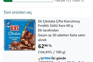 Eti Çikolata Çifte Kavrulmuş Fındıklı Sütlü Kare 60gr – 62,96₺ / 3 adet alımda adedi 46₺’ye geliyor — %69 İndirim