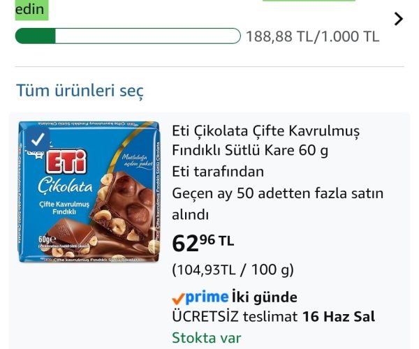 Eti Çikolata Çifte Kavrulmuş Fındıklı Sütlü Kare 60gr – 62,96₺ / 3 adet alımda adedi 46₺’ye geliyor — %69 İndirim