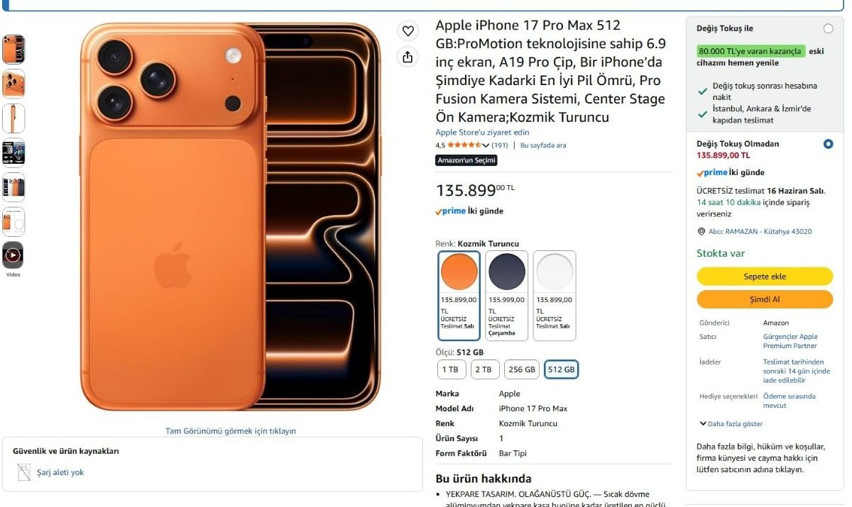iPhone 17 Pro Max 512GB Kozmik Turuncu