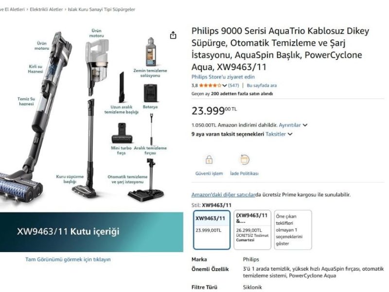 Philips 9000 Serisi AquaTrio Kablosuz Dikey Süpürge, Otomatik Temizleme ve Şarj İstasyonu, AquaSpin Başlık, PowerCyclone Aqua, XW9463/11