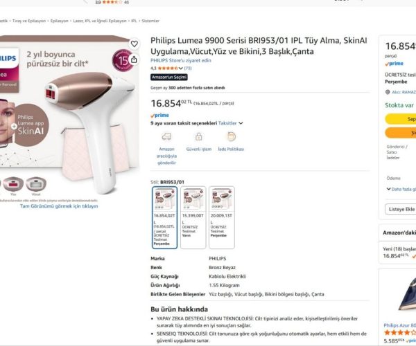 Philips Lumea 9900 Serisi BRI953/01 IPL Tüy Alma, SkinAI Uygulama,Vücut,Yüz ve Bikini,3 Başlık,Çanta