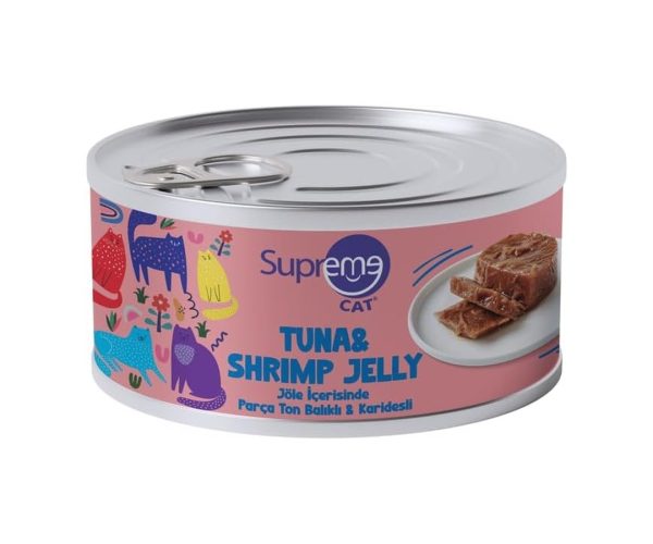 🛍️ Supreme Cat Ton Jelly Balıklı & Karidesli Yaş Kedi Maması, 85 gr 24’lü, 3 Aydan Büyük Kediler için Uygundur,