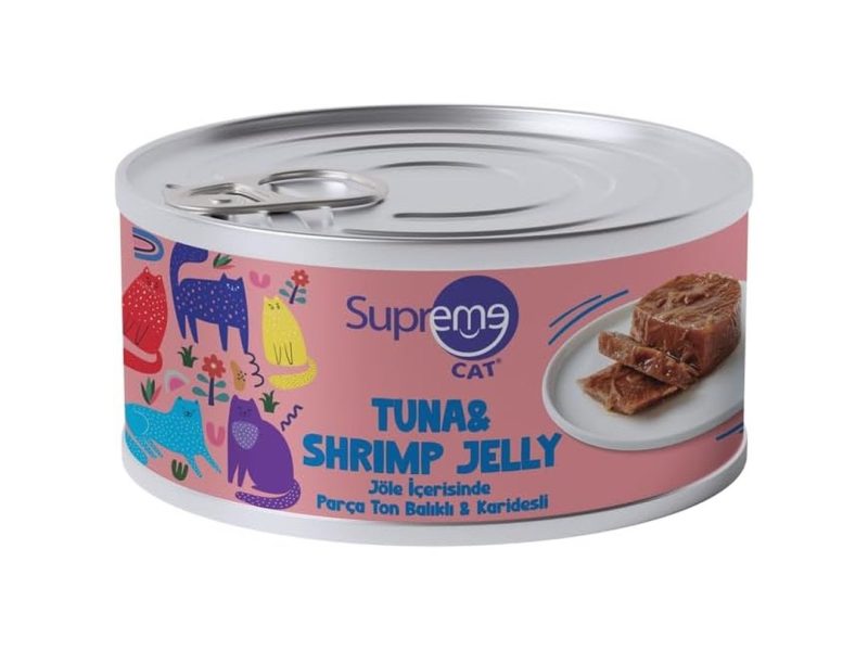 🛍️ Supreme Cat Ton Jelly Balıklı & Karidesli Yaş Kedi Maması, 85 gr 24’lü, 3 Aydan Büyük Kediler için Uygundur,