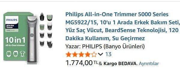 Philips All-in-One Trimmer 5000 Series MG5922/15, 10’u 1 Arada Erkek Bakım Seti