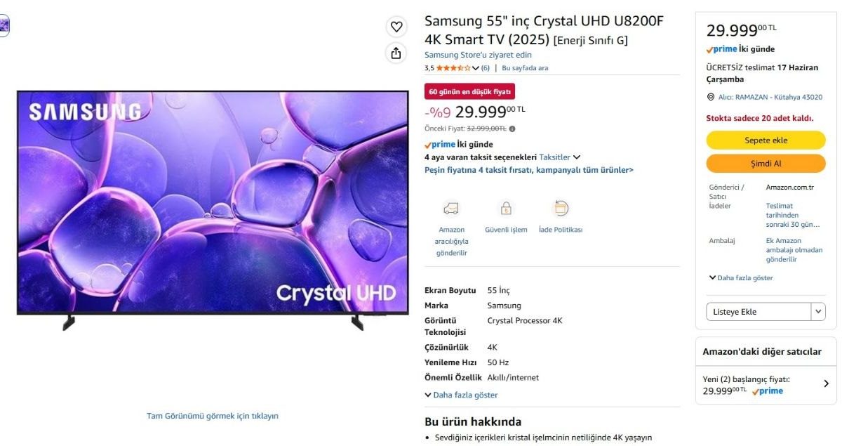 Samsung 55″ inç Crystal UHD U8200F 4K Smart TV (2025) [Enerji Sınıfı G] — %83 İndirim