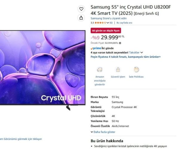 Samsung 55″ inç Crystal UHD U8200F 4K Smart TV (2025) [Enerji Sınıfı G] — %83 İndirim