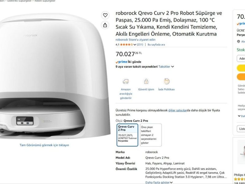 roborock Qrevo Curv 2 Pro Robot Süpürge ve Paspas, 25.000 Pa Emiş, Dolaşmaz, 100 °C Sıcak Su Yıkama, Kendi Kendini Temizleme, Akıllı Engelleri Önleme, Otomatik Kurutma