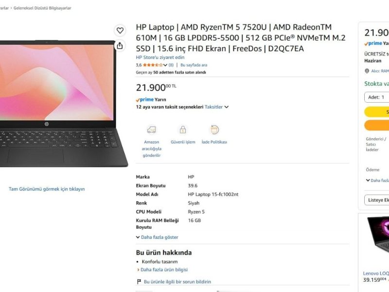HP Laptop | AMD RyzenTM 5 7520U | AMD RadeonTM 610M | 16 GB LPDDR5-5500 | 512 GB PCIe® NVMeTM M.2 SSD | 15.6 inç FHD Ekran | FreeDos | D2QC7EA