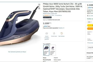 Philips Azur 8000 Serisi Buharlı Ütü – 85 g/dk Sürekli Buhar, 260g Turbo Şok Buhar, 3000 W, OptimalTEMP Teknolojisi, SteamGlide Elite Taban, Koyu Mavi (DST8050/20)