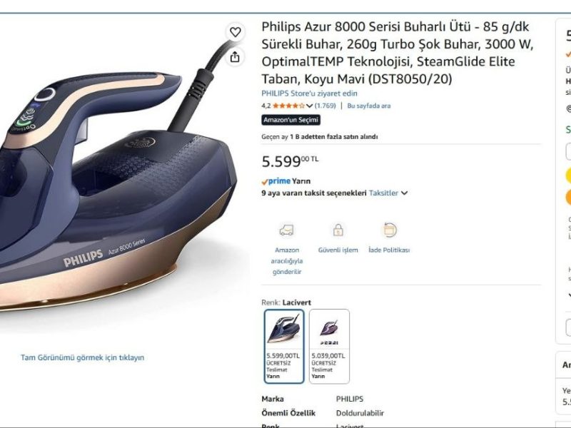 Philips Azur 8000 Serisi Buharlı Ütü – 85 g/dk Sürekli Buhar, 260g Turbo Şok Buhar, 3000 W, OptimalTEMP Teknolojisi, SteamGlide Elite Taban, Koyu Mavi (DST8050/20)