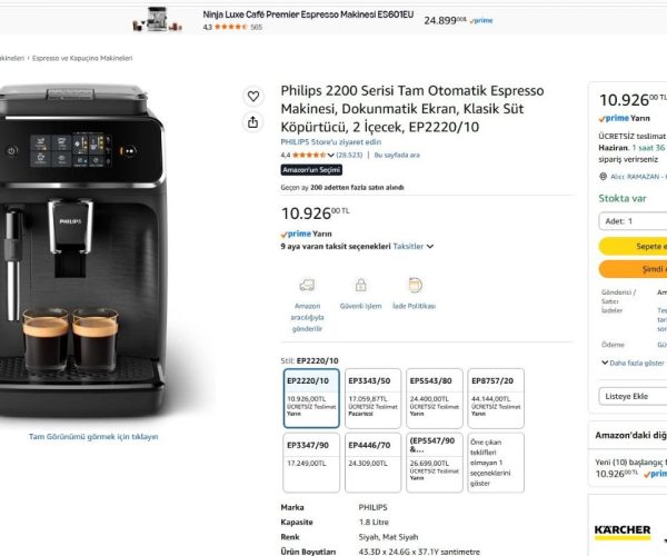 Philips 2200 Serisi Tam Otomatik Espresso Makinesi, Dokunmatik Ekran, Klasik Süt Köpürtücü, 2 İçecek, EP2220/10