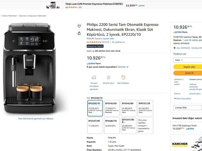 Philips 2200 Serisi Tam Otomatik Espresso Makinesi, Dokunmatik Ekran, Klasik Süt Köpürtücü, 2 İçecek, EP2220/10