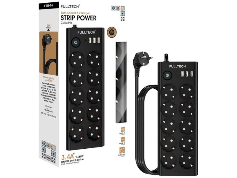🛍️ Termal Akım Korumalı, 10’lu Priz Soketi, Isıya Dayanıklı Yapı, 10x Priz, 3x Usb, 1x Type C Girişi, Çocuk Korumalı Çoğaltıcı, 2 Metre Uzatma Kablosu (16A/3680W)