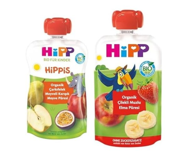 🛍️ HiPP Seti | Çarkıfelek Meyveli Karışık Meyve Püresi 100 gr x2 + Çilekli Muzlu Elma Püresi 100 gr x2