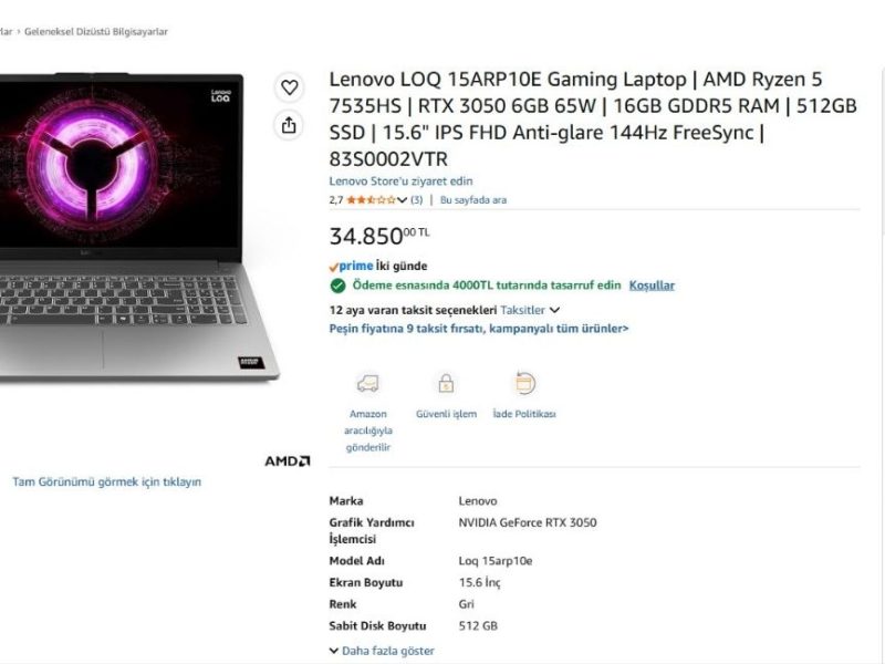 Lenovo LOQ 15ARP10E Gaming Laptop | AMD Ryzen 5 7535HS | RTX 3050 6GB 65W | 16GB GDDR5 RAM | 512GB SSD | 15.6″ IPS FHD Anti-glare 144Hz FreeSync | 83S0002VTR — %87 İndirim