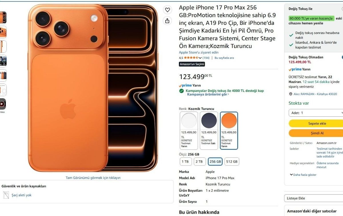 Apple iPhone 17 Pro Max 256 GB Kozmik Turuncu