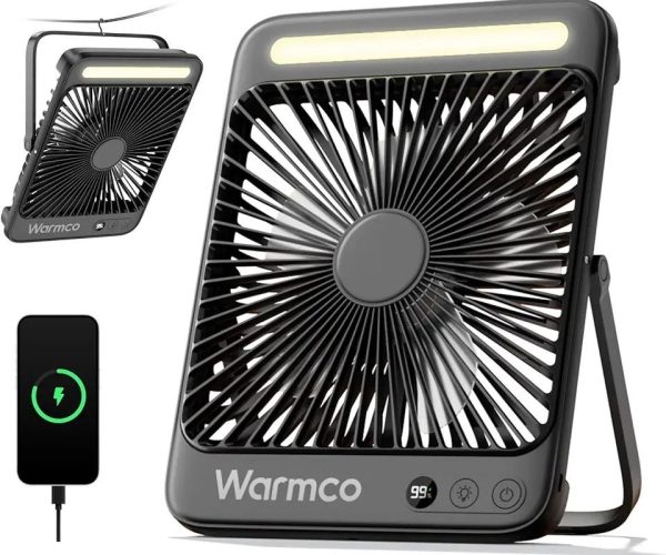 Warmco 20000mAh 8 inç Taşınabilir Kamp Fanı, 48 Saat Maksimum Çalışma Süresi, LED Işık, Sessiz İnce Pille Çalışan Kişisel Masa Fanı Ofis, Seyahat, Yatak Odası, Dış Mekan için Dijital Ekranlı