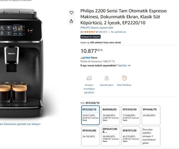 Philips 2200 Serisi Tam Otomatik Espresso Makinesi, Dokunmatik Ekran, Klasik Süt Köpürtücü, 2 İçecek, EP2220/10