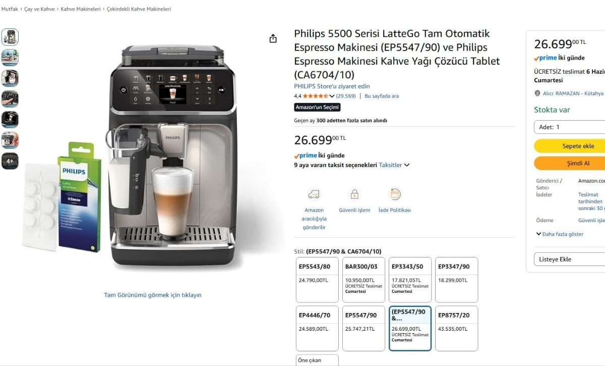 Philips 5500 Serisi LatteGo Tam Otomatik Espresso Makinesi (EP5547/90) ve Philips Espresso Makinesi Kahve Yağı Çözücü Tablet (CA6704/10)