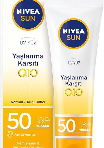 (%44.97) NIVEA Sun SPF 50+ Yaşlanma ve Leke Karşıtı Q10 Yüz Güneş Kremi (50 ml)