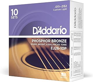 D'Addario Stahlsaiten Westerngitarre | HÖCHSTE QUALITÄT DER BELIEBTESTEN SAITENMARKE | EJ26-10P | Phosphor Bronze | Custom Light (11-52) | 10er Pack