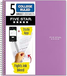 Five Star Spiral Defter + Çalışma Uygulaması, 5 Konu, Kolej Çizgili Kağıt, Mücadele Mürekkep Kanaması, Suya Dayanıklı Kapak, 200 Yaprak, Mor (38748)