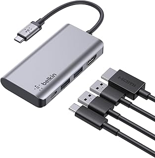 Belkin USB C 4'ü 1 Arada Çok Bağlantı Noktalı Adaptör (4K HDMI, USB-C 100W PD Geçişli Şarj ve Daha Fazlası için 2 x USB A Bağlantı Noktası ile)