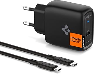 Spigen 45W USB-C Hızlı Şarj Aleti + Örgü Kablo PPS 2.0 Super Hızlı Şarj GaN Pro Isı Düşürücü Güç Adaptörü Akım Koruma iPhone & Android & iPad & MacBook Type-C Siyah - ACH02588 (Spigen TR Garantili)