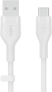 Belkin BoostCharge Flex Silicone USB-C - USB-A Kablosu (2 m), iPad Pro, Galaxy S21, Ultra, Plus, Note 20, Pixel ve Diğer Aygıtlar için USB-IF Onaylı USB-C Şarj Kablosu - Beyaz