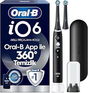 Oral-B iO6 Siyah Şarjlı/Elektrikli Diş Fırçası, 2 Fırça Başlığı, Uzun Ömürlü Pil, Premium Seyahat Kabı, Yedek Başlık Kabı