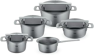 Fissler Phi Collection / paslanmaz çelik tencere seti, 5 parça, cam kapaklı tencereler (3 tencere, 1 kızartma tenceresi, 1 saplı tencere) – İndüksiyon