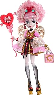 Monster High Pembe ve kırmızı parti elbisesi giyen Havalı Doğum Günü Cupid Asteria bebek ve davetiye, balon, hediye gibi temaya uygun aksesuarlar, JBG77