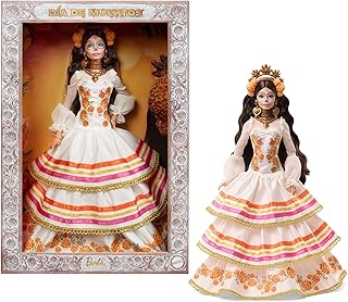 Barbie Signature oyuncak bebek, Día De Muertos 2025, koleksiyon figürü, krem renkli fırfırlı elbise, öğrenci çiçekleri ve fiyonklu, saçta çiçek çelengi ve Calavera yüz boyama, JBJ05