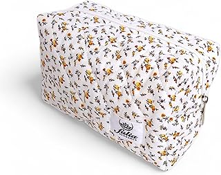 Makyaj Çantası | Makeup Bag | Kapitone Bakım Seyahat Kozmetik Çantası (Beyaz-Sarı)