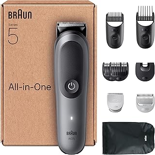 Braun Hepsi Bir Arada Seri 5 Bakım Seti, 9in1, Ultra Keskin Bıçak, 120 Dak, Vücut için SkinGuard, Hassas ve Verimli Döşeme, Su Altında Kullanım için AquaGrip, AIO5545, Gri | Sakal düzeltici, saç/sakal kesme makinesi, yüz, baş ve vücut için, 14 uzunluk, 120 dakika. Batarya, su geçirmez