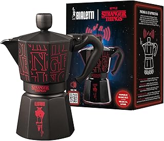 Bialetti - Moka Express Stranger Things: 6 Cups Ocak Üstü Espresso Pişirici, Müzikli, 270ml, Siyah, Patentli Güvenlik Valfi