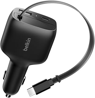 Belkin USB-C Araç Şarj Cihazı, 75 W, 75 cm Geri Çekilebilir USB-C Kabloyla, iPhone Şarj Cihazı, iPhone 17 ve 16 Serisi, Galaxy S25, AirPods, Tablet, MacBook, Chromebook vb. ile Uyumlu, Seyahat için