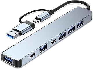 7'si 1 Arada USB ve Type-C Hub Adaptörü, 4 Adet USB 2.0 (450 Mbps), 1 Adet USB 3.0 (5 Gbps) 2 Adet Type-C Girişli, Hızlı ve Güvenli Veri Aktarımı, Çok Portlu Çoklayıcı ve Çevirici USB Hub Adaptör