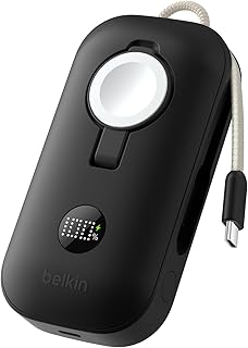 Belkin BoostCharge Pro 10K mAh Power Bank, Apple Watch Şarj Cihazlı, Entegre Örgülü USB-C Kablo ve Dijital Ekranlı Taşınabilir Şarj Cihazı, 45 W, 3 Cihazı Aynı Anda Şarj Edebilen Batarya Paketi, Siyah