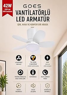42W Tavan Vantilatörü LED Avize Armatür 64cm 5 Kanat 6 Kademeli Fan Ters Dönüş ve Gece Lambası Modu Uzaktan Kumandalı Beyaz
