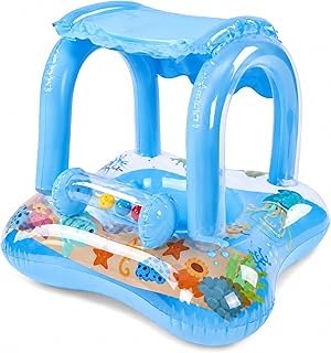 Gölgelikli Bebek Şamandırası, Tak Çıkar Güneşlikli Oyuncaklı Şişme Yüzme Simidi, 0-4 Yaş 25 Kg Taşıma Kapasiteli, Güneşe Dayanıklı Sevimli Floatör, Havuz Deniz Yaz Tatili İçin Bebek Şamandırası