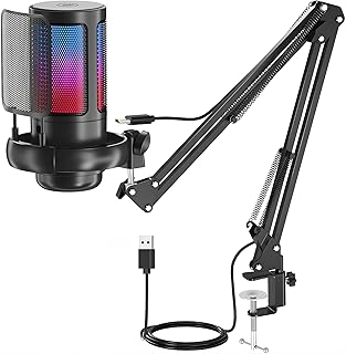 Profesyonel RGB Oyuncu Mikrofonu, Pürüzsüz Net Ses Performanslı Otomatik Değişen RGB Işıklı Akrobat Ayarlanabilir Masa Standlı Uzayabilir Ergonomik Vlogger Yayıncı Podcast Gamer Canlı Yayın Mikrofonu