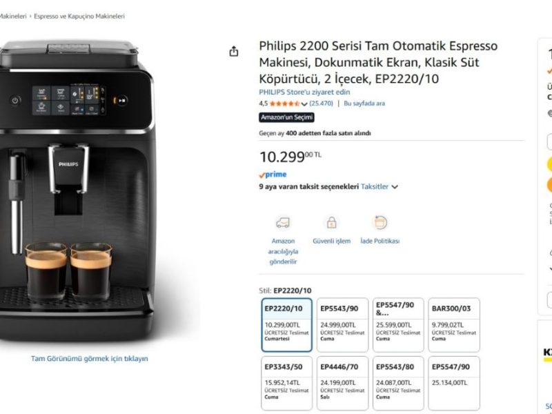 Philips 2200 Serisi Tam Otomatik Espresso Makinesi, Dokunmatik Ekran, Klasik Süt Köpürtücü, 2 İçecek, EP2220/10