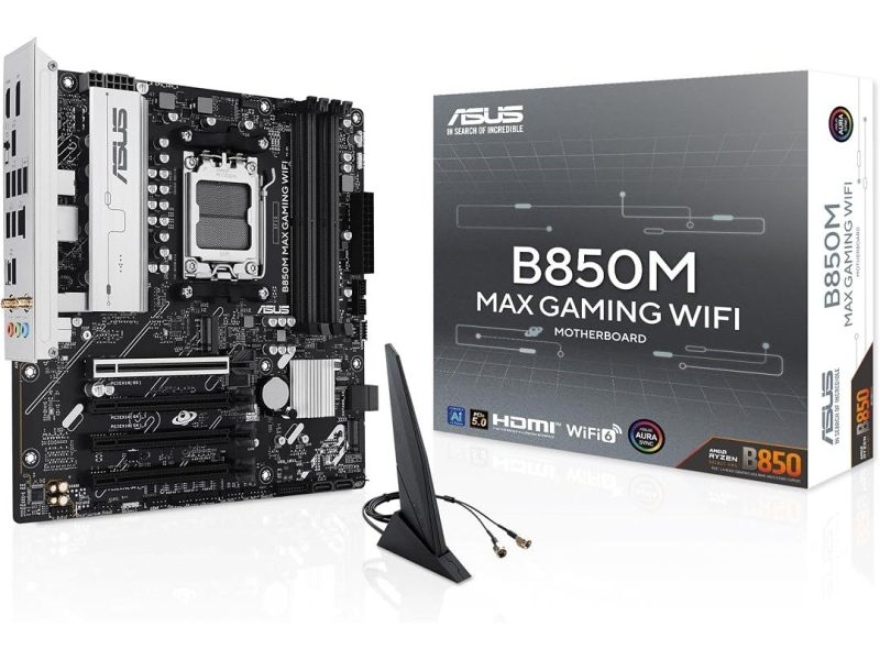 🛍 ASUS B850M MAX GAMING WIFI AMD B850 AM5 DDR5 8000 DP HDMI 3x M2 USB3.2 WiFi 6 + BT AURA RGB mATX 256GB’a kadar ram desteği, 8+2+1 Güç Aşamaları, 1xGen5 M.2, Advanced AI PC-Ready