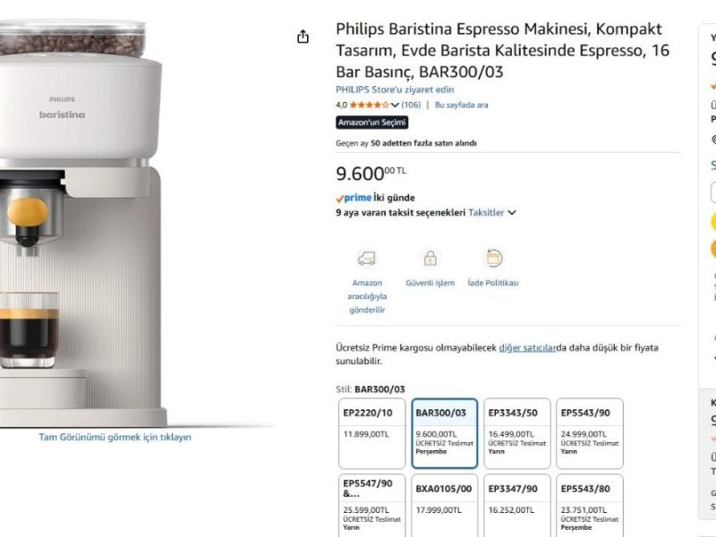 Philips Baristina Espresso Makinesi, Kompakt Tasarım, Evde Barista Kalitesinde Espresso, 16 Bar Basınç, BAR300/03
