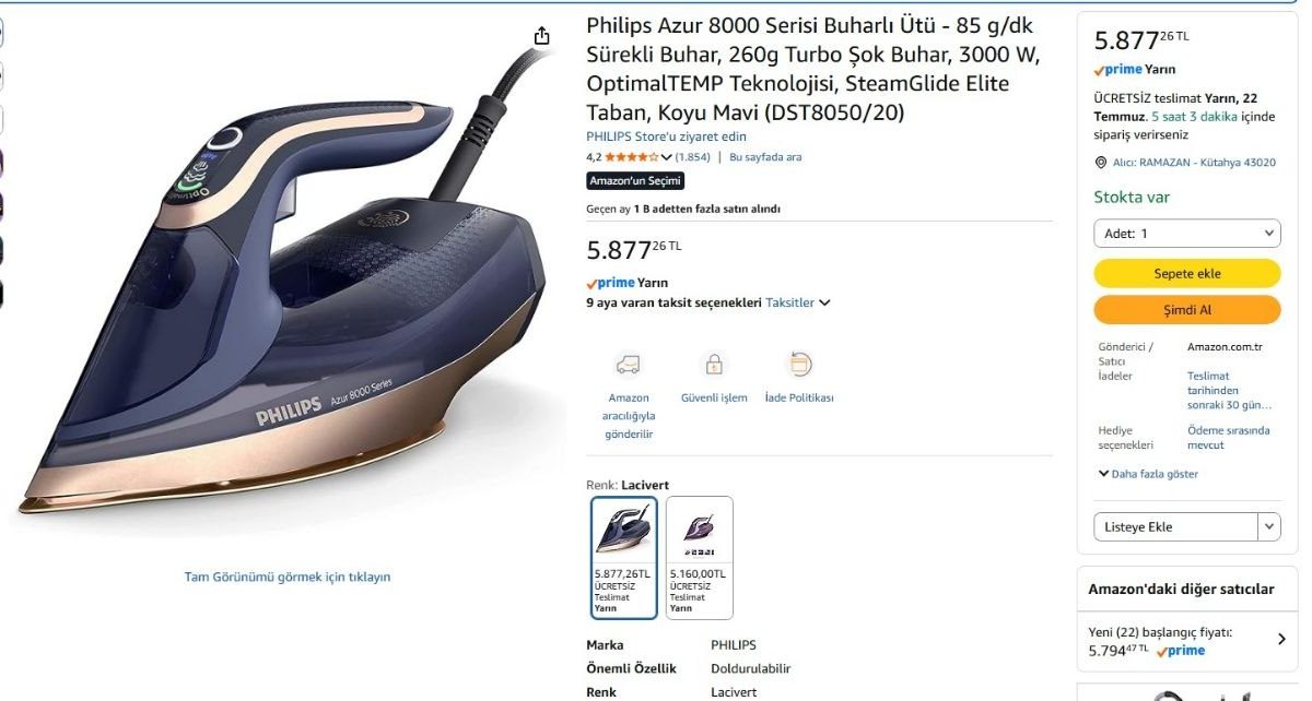 Philips Azur 8000 Serisi Buharlı Ütü – 85 g/dk Sürekli Buhar, 260g Turbo Şok Buhar, 3000 W, OptimalTEMP Teknolojisi, SteamGlide Elite Taban, Koyu Mavi (DST8050/20)