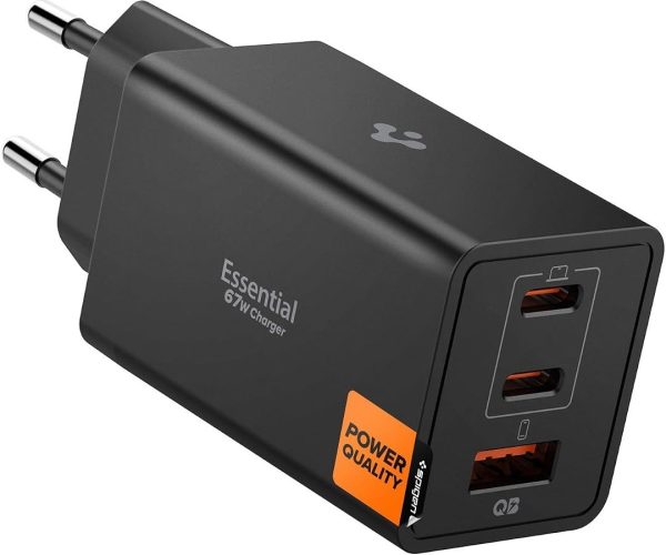 🛍 Spigen 67W USB-C + USB-A 3 Port Hızlı Şarj Aleti PPS 3.0 Super Hızlı Şarj GaN Pro Isı Düşürücü Güç Adaptörü Akım Koruma iPhone & Android & iPad & MacBook Type-C Siyah – ACH09458 (Spigen TR Garantili)