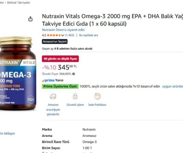 Nutraxin Vitals Omega-3 2000 mg EPA + DHA Balık Yağı içeren Takviye Edici Gıda (1 x 60 kapsül) — %10 İndirim